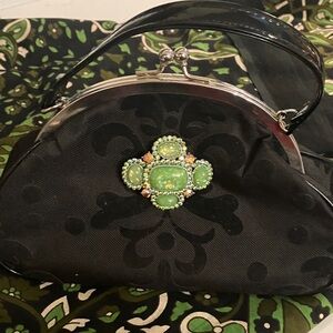 Murval Black Clutch with Green Jewel Cluster and Silver Frame